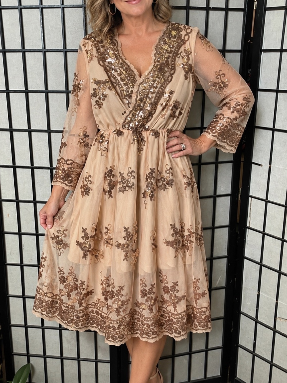 Ladies Lace & Sequin Midi Dress–LS-Mother of Bride Groom Holiday-Cocktail-SZ Med